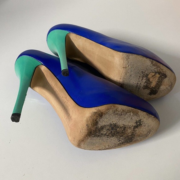 Stuart Weitzman Victoria Pump Ultramar Blue Colorblock Peep Toe Leather … - Picture 11 of 12